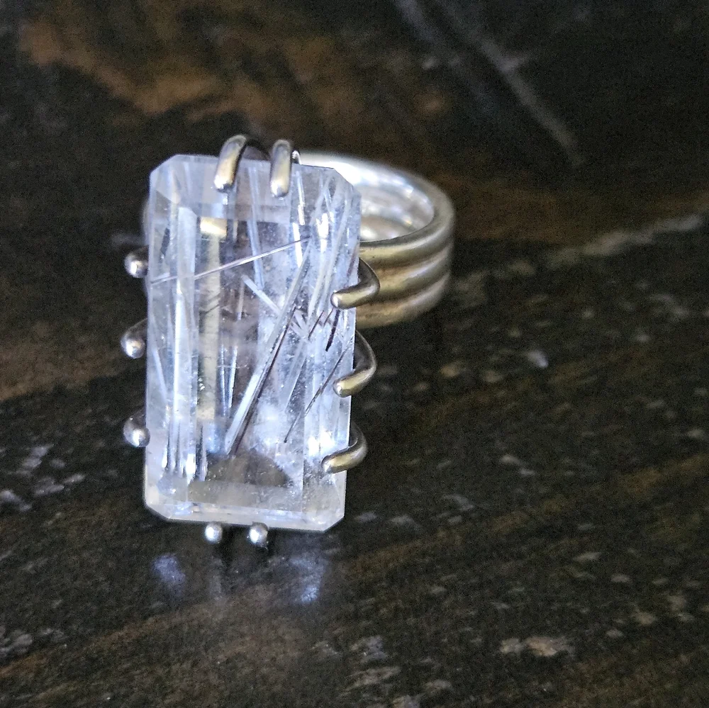 Vintage Huge Rutilated White Quartz Sterling Silver Ring - Picture 4 of 14